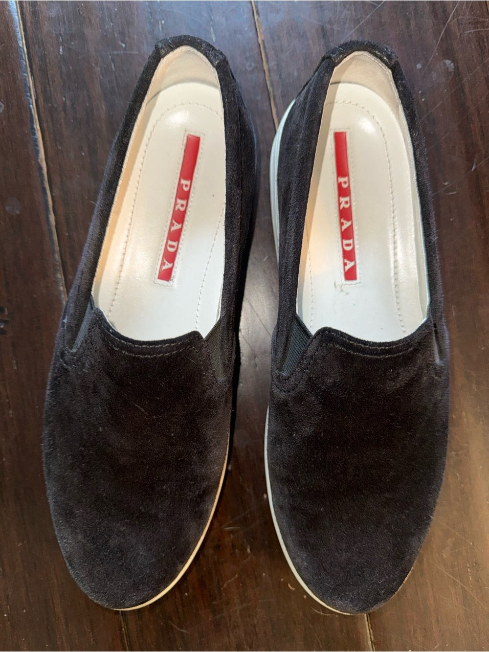 Prada Black Suede Slip-On Sneakers with White Sole